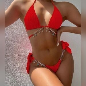 RED JEWELED TYE UP  BIKINI SIZE MED